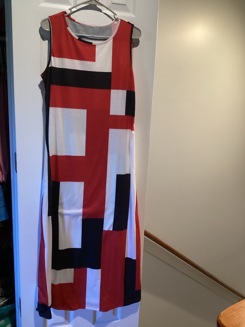 Geo-Block Sleeveless Maxi Dress in Red, Black & White